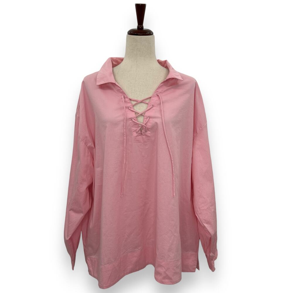 NEW Old Navy Pink Top Plus Size XXL Lace Up Tie Neck Collared Shirt Long Sleeve